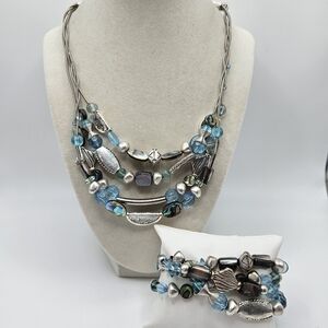 Coldwater Creek Multi-Strand Silver Tone & Blue Beaded Necklace & Bracelet Set